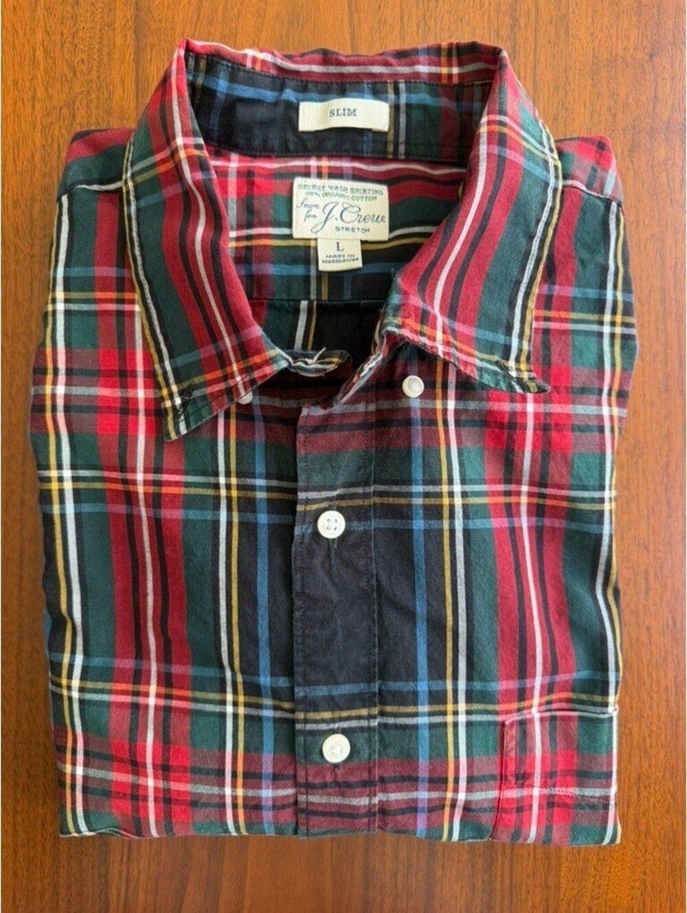 J.Crew Slim Fit Secret Wash Organic Cotton Black Tartan Plaid Shirt - Size L